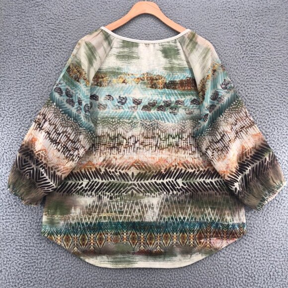 Chicos Top Women 2 US Large Sienna Green Multi Split Neck Balloon Sleeve Peasant - Picture 3 of 10